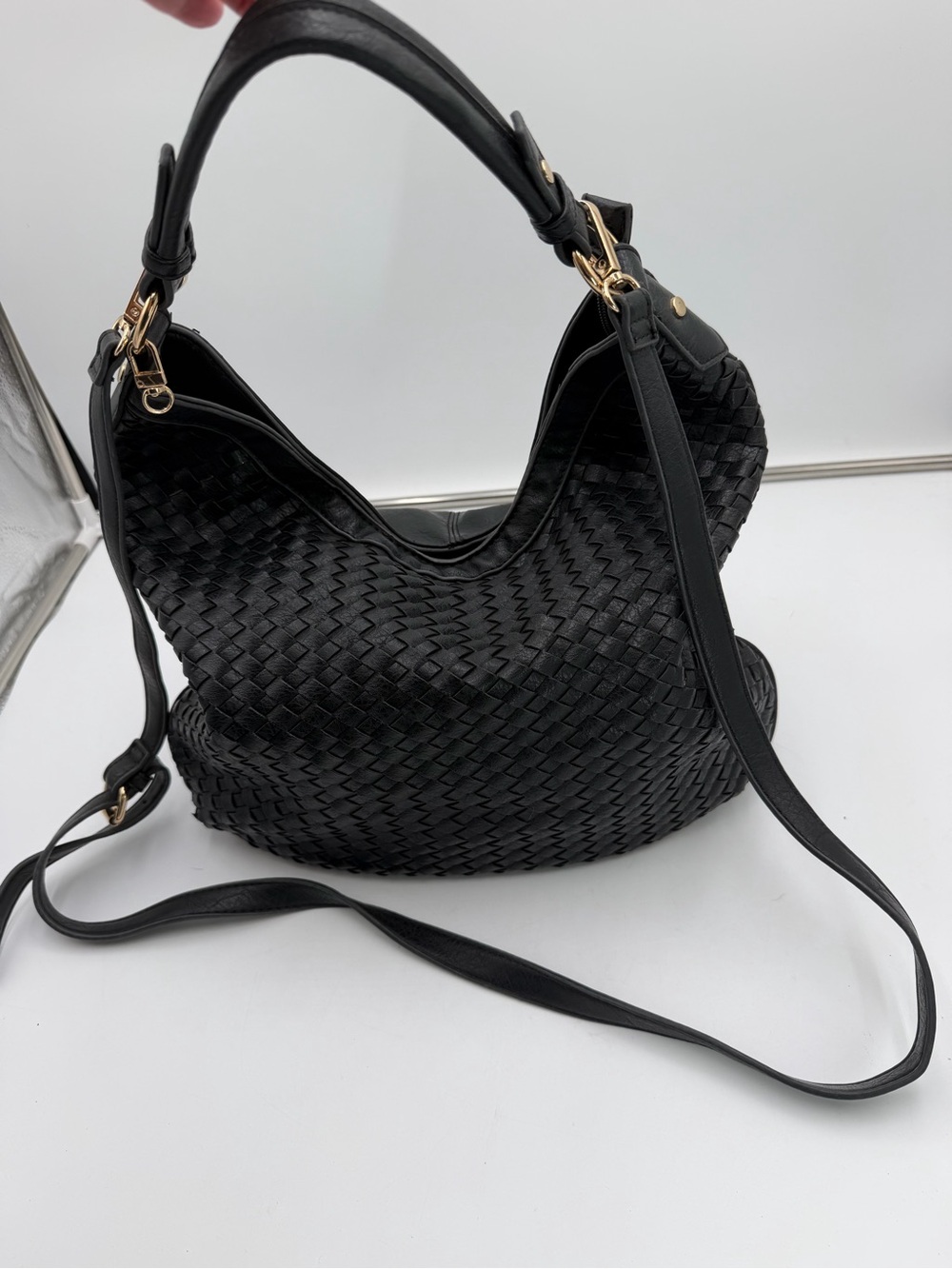 Black Woven Hobo Bag Shoulder Crossbody Purse Gold Hardware Large